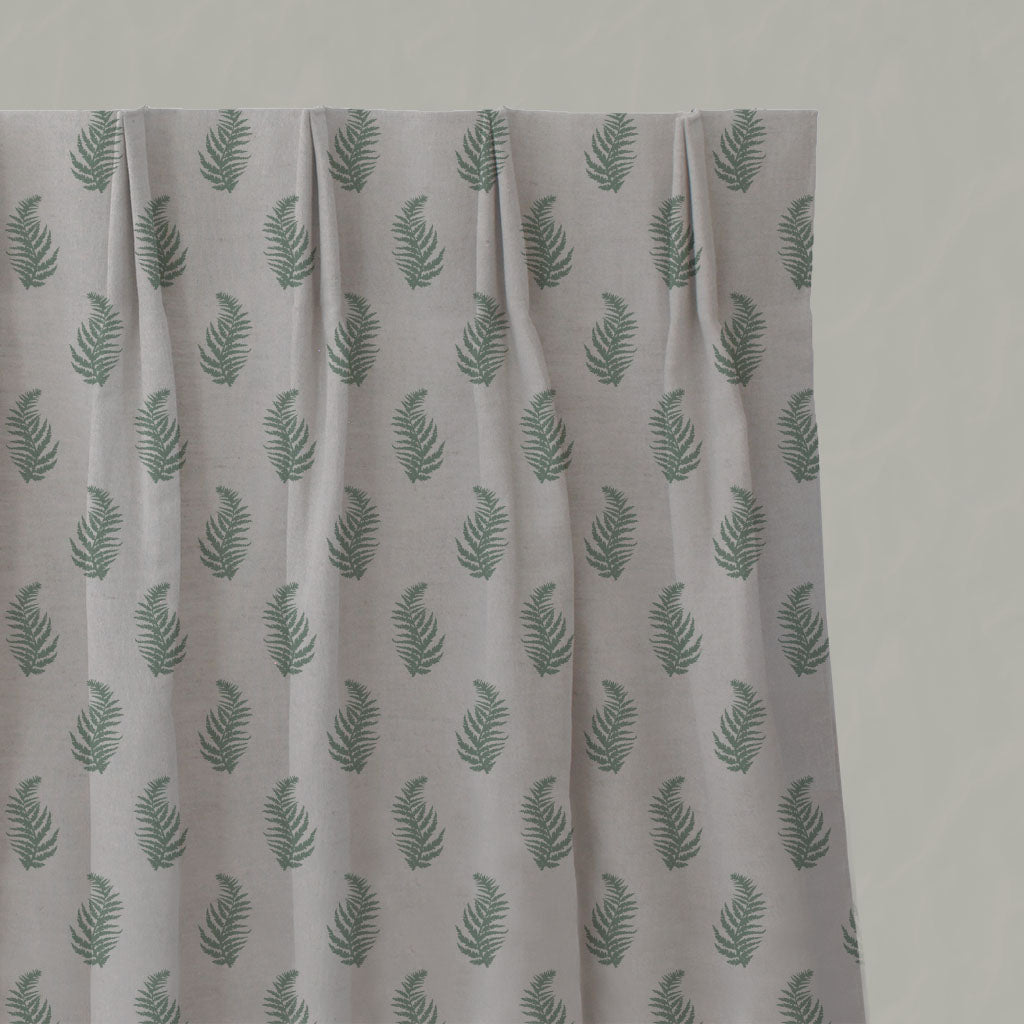 Green Botanical Linen Pleated Curtains - Lena Jade Mist - Natural base fabric.