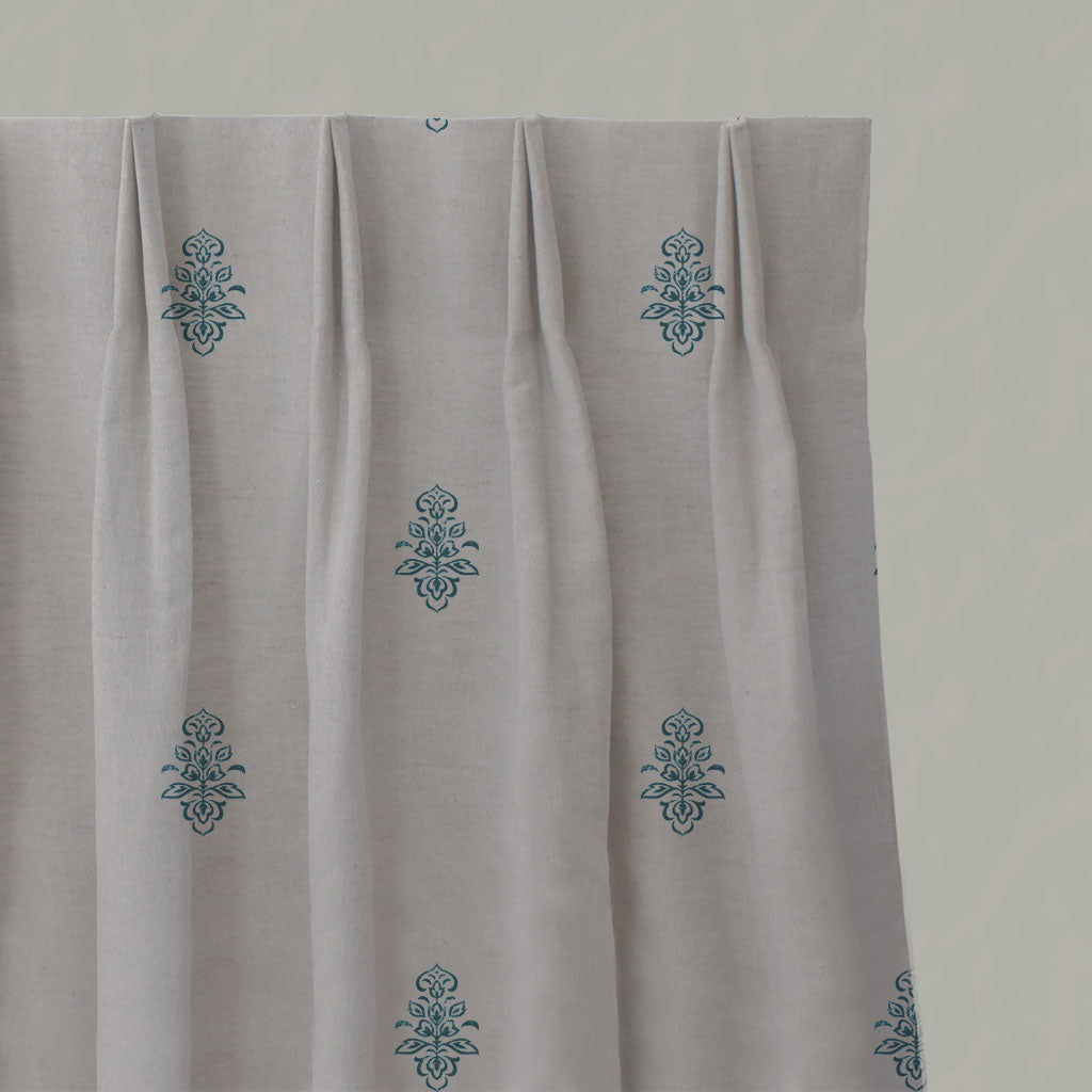 Blue Floral Linen Pleated Curtains - Lisana-NAT Blue Stone - Natural base fabric.