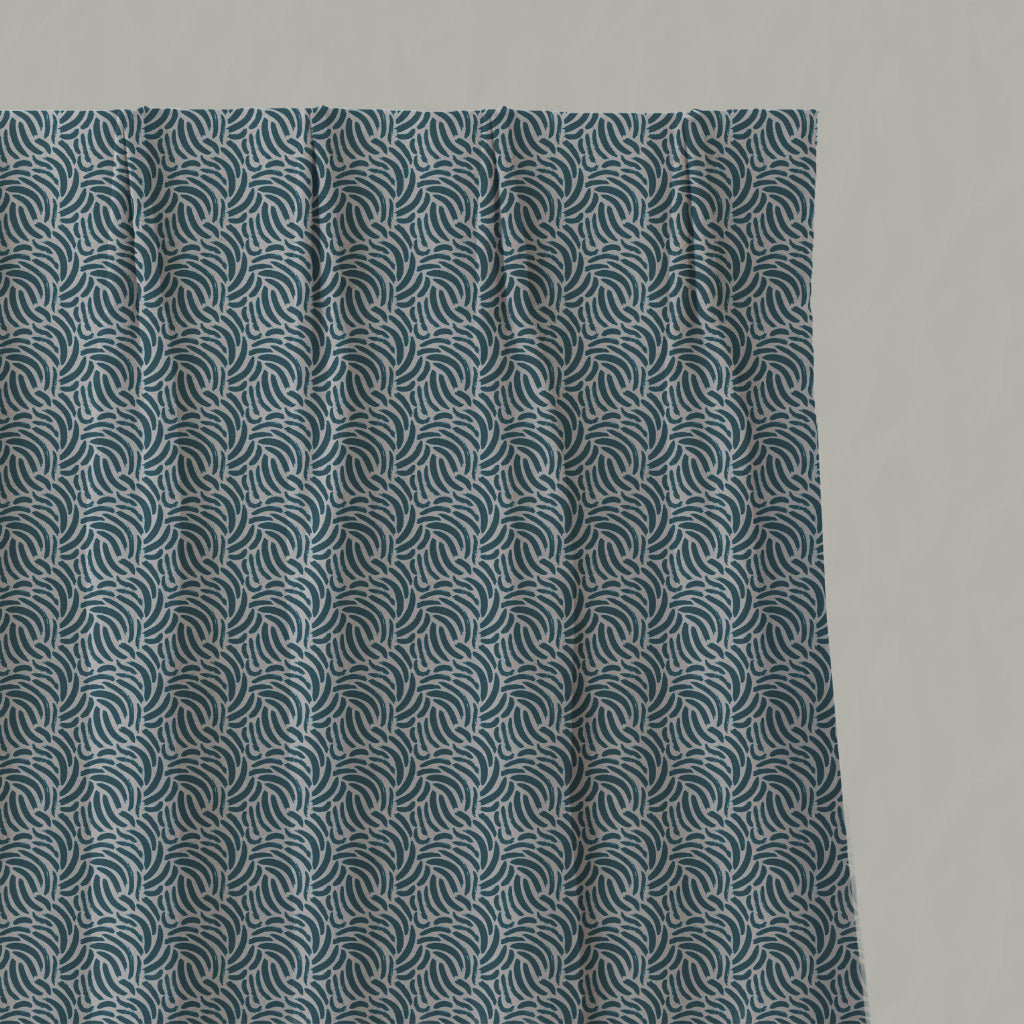 Blue Patterned Linen Pleated Curtains - Malena Blue Stone - Natural base fabric.