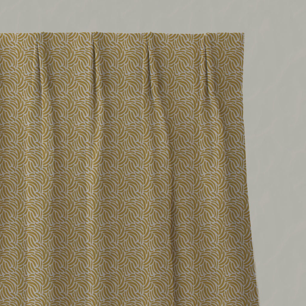 Yellow Patterned Linen Pleated Curtains - Malena Mustard - Natural base fabric.