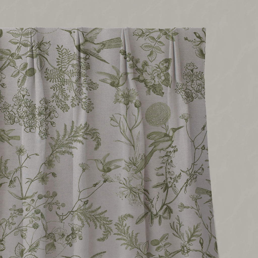 Green Floral Linen Pleated Curtains - Marianne-INV Khaki - Natural base fabric.