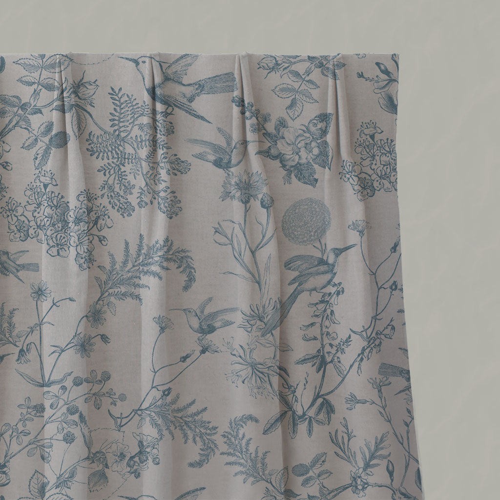 Blue Floral Linen Pleated Curtains - Marianne-INV True Blue - Natural base fabric.