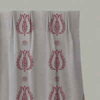 Red Patterned Linen Pleated Curtains - Maya Cherry - Natural base fabric.