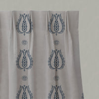 Blue Patterned Linen Pleated Curtains - Maya Denim - Natural base fabric.