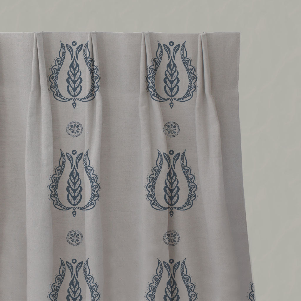 Blue Patterned Linen Pleated Curtains - Maya Denim - Natural base fabric.