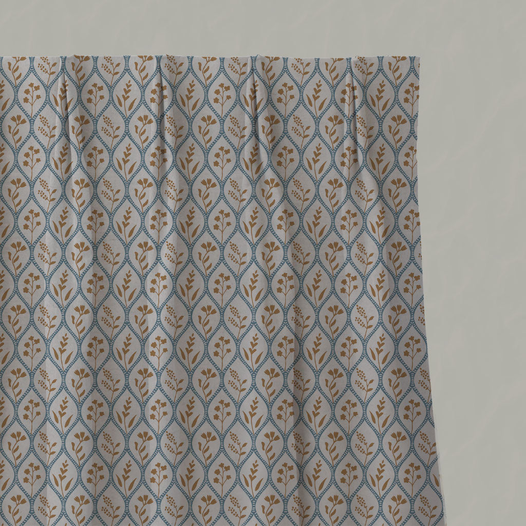 Blue / Orange / Yellow Floral Linen Pleated Curtains - Miny Blue Ochre-INV - Natural base fabric.