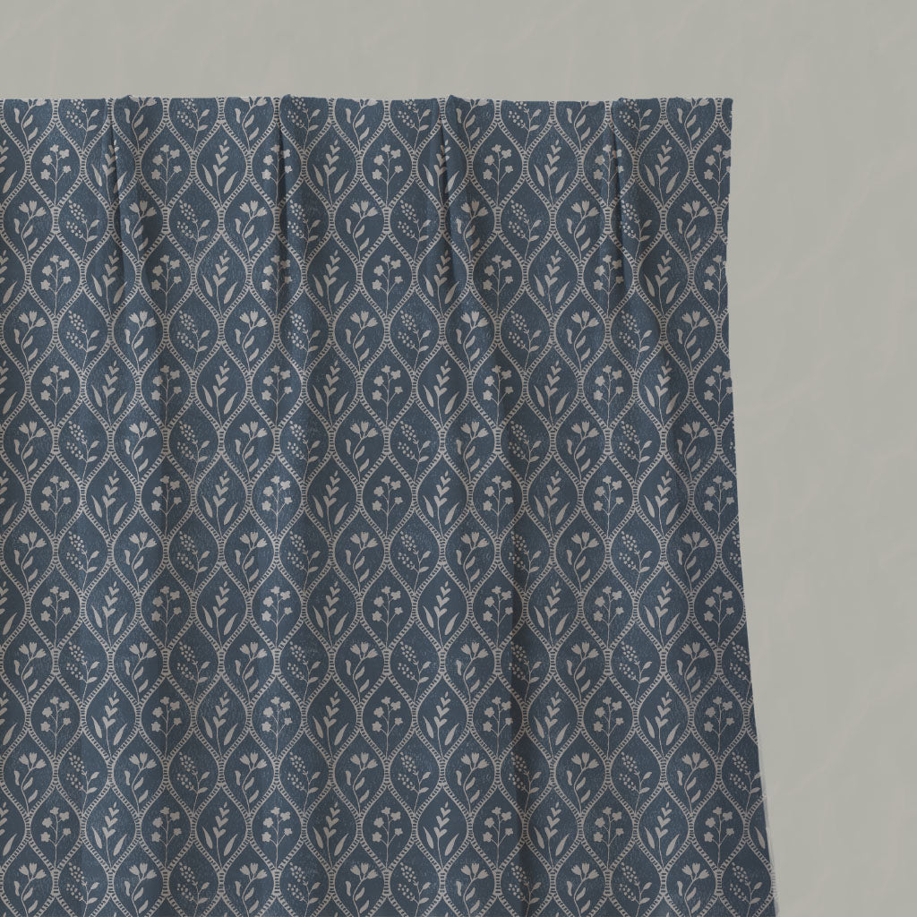 Blue Floral Linen Pleated Curtains - Miny Denim - Natural base fabric.