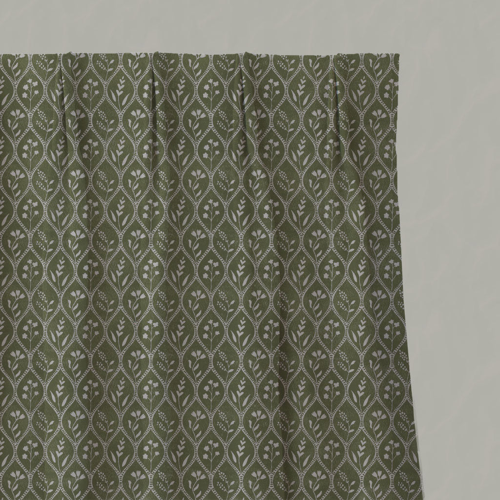 Green Floral Linen Pleated Curtains - Miny Khaki - Natural base fabric.