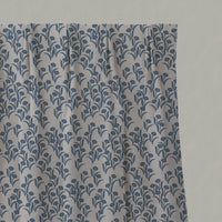 Blue Botanical Linen Pleated Curtains - Nalini Denim - Natural base fabric.