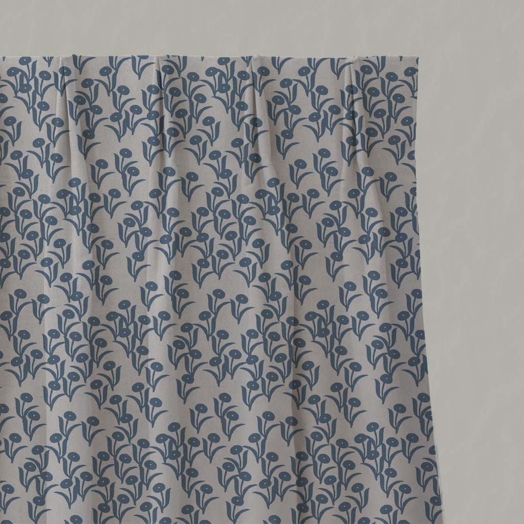 Blue Botanical Linen Pleated Curtains - Nalini Denim - Natural base fabric.