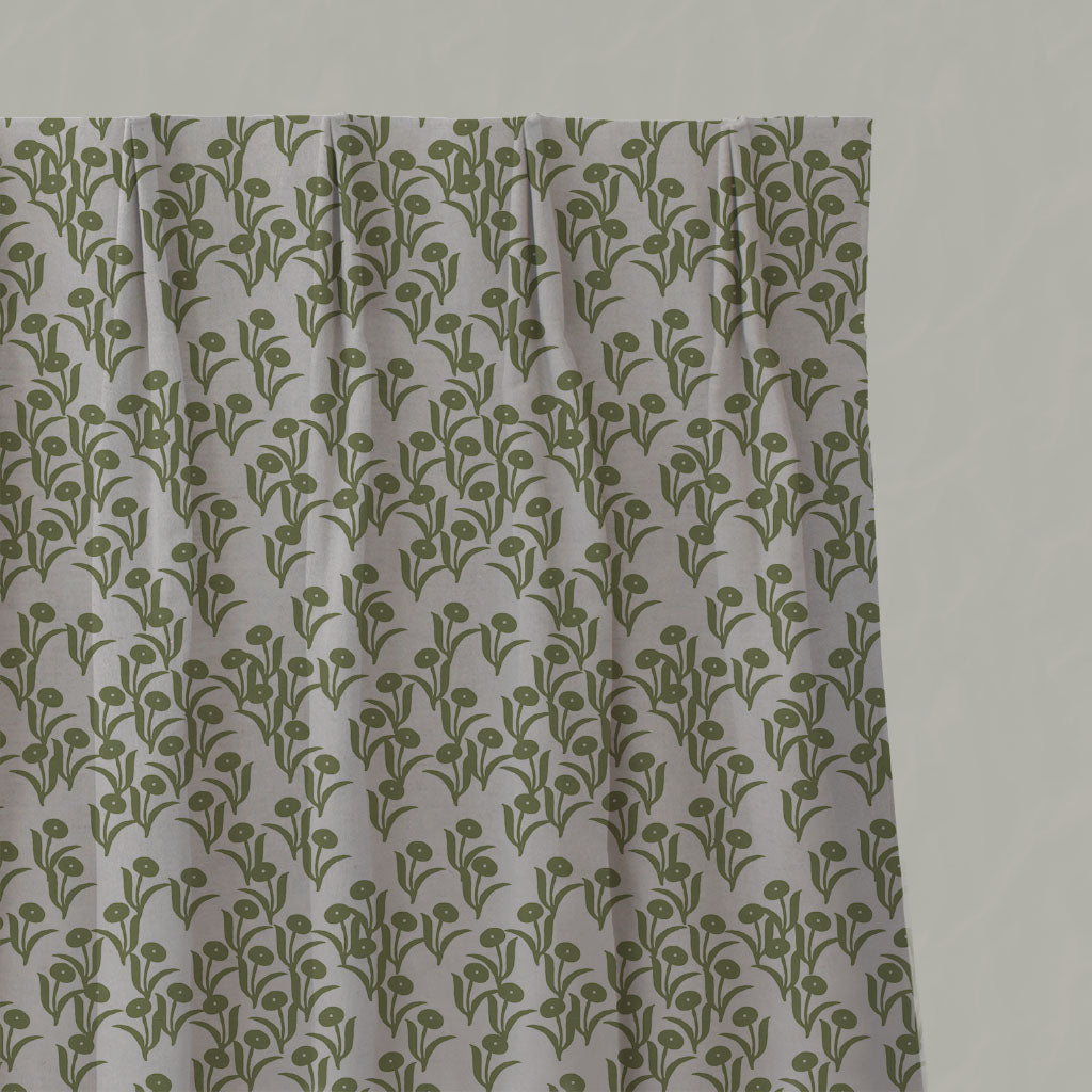 Green Botanical Linen Pleated Curtains - Nalini Khaki - Natural base fabric.