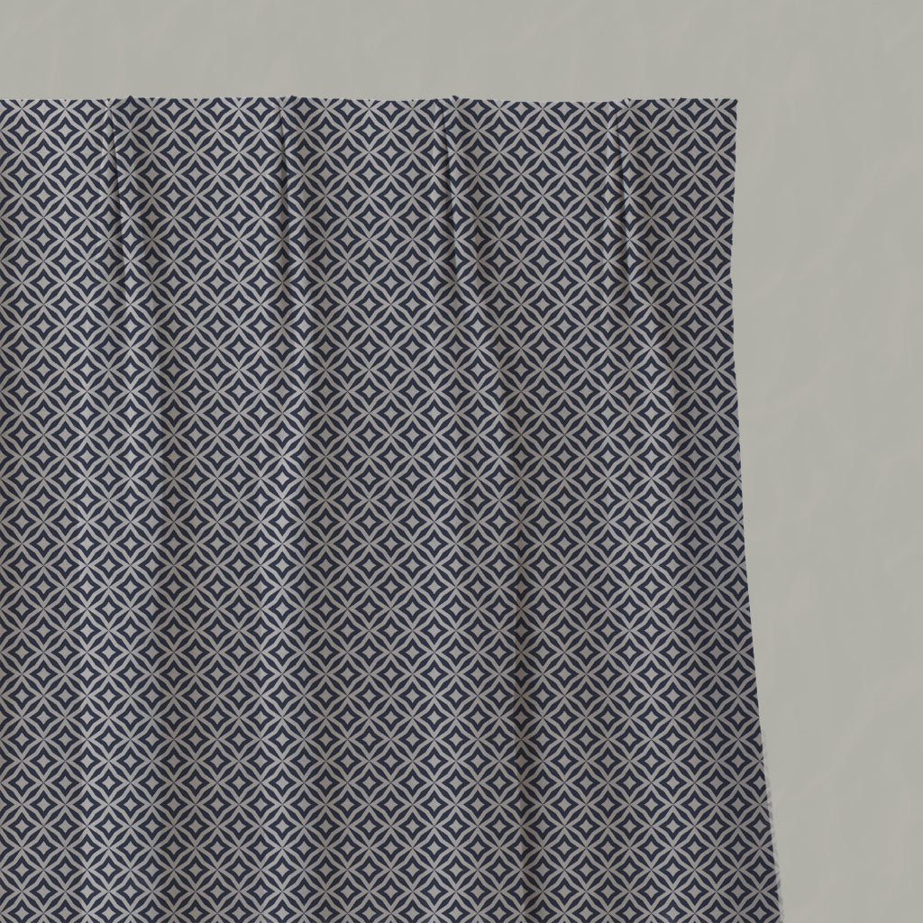 Blue Patterned Linen Pleated Curtains - Nella Deep Blue - Natural base fabric.