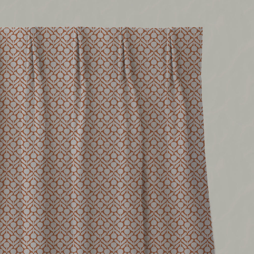 Orange Floral Linen Pleated Curtains - Nessa Burnt Orange - Natural base fabric.