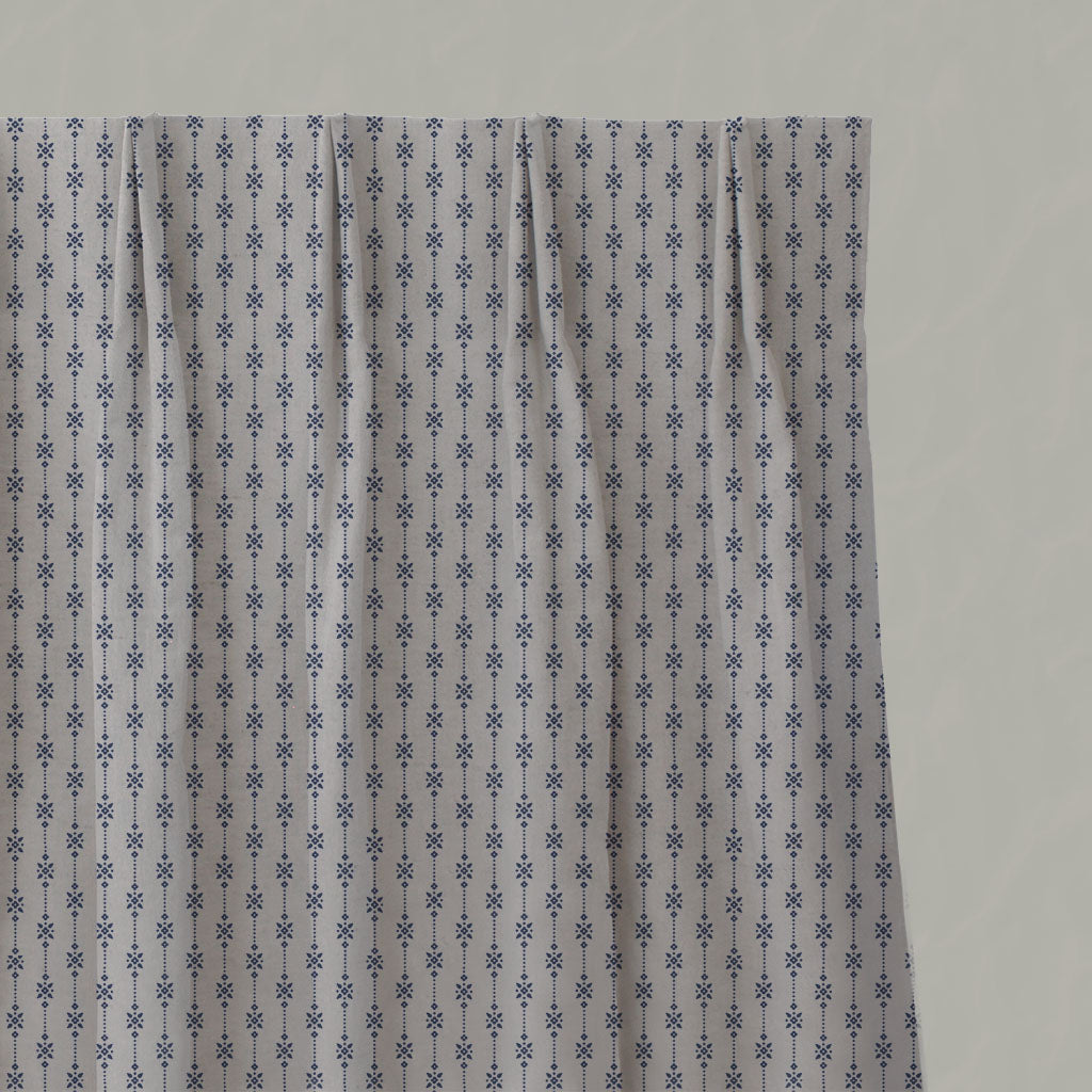 Blue Patterned Linen Pleated Curtains - Nikolet Night Blue - Natural base fabric.