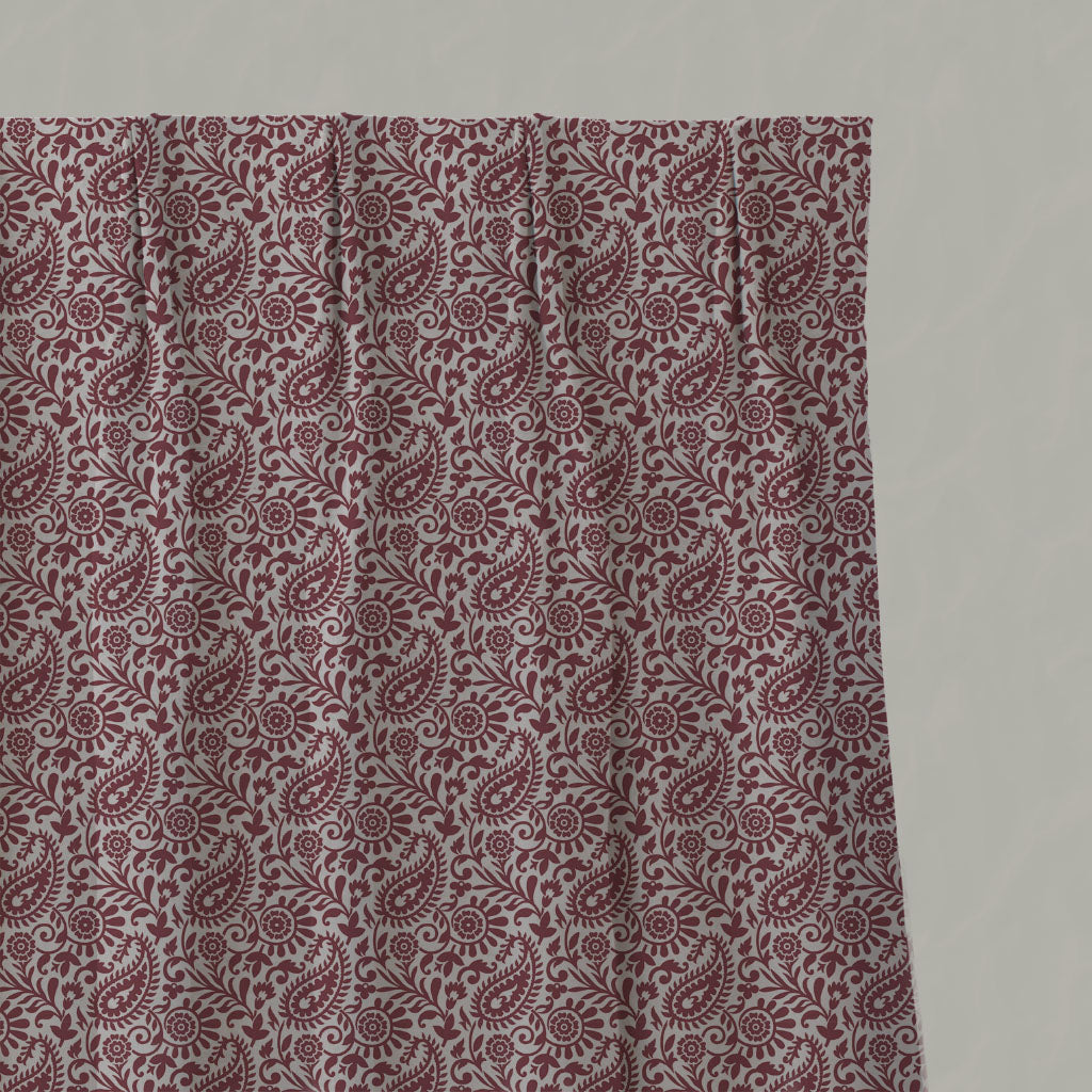 Red Patterned Linen Pleated Curtains - Nora Wine - Natural base fabric.
