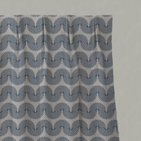 Blue Patterned Linen Pleated Curtains - Ofira Denim - Natural base fabric.