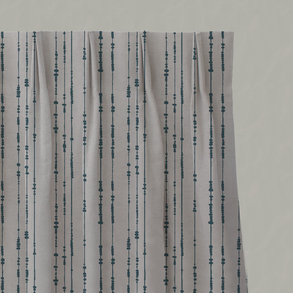 Blue Patterned Linen Pleated Curtains - Pearls Blue Stone - Natural base fabric.