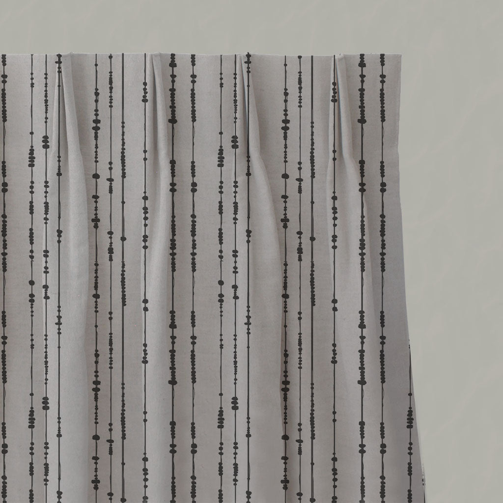Grey Patterned Linen Pleated Curtains - Pearls Charcoal - Natural base fabric.