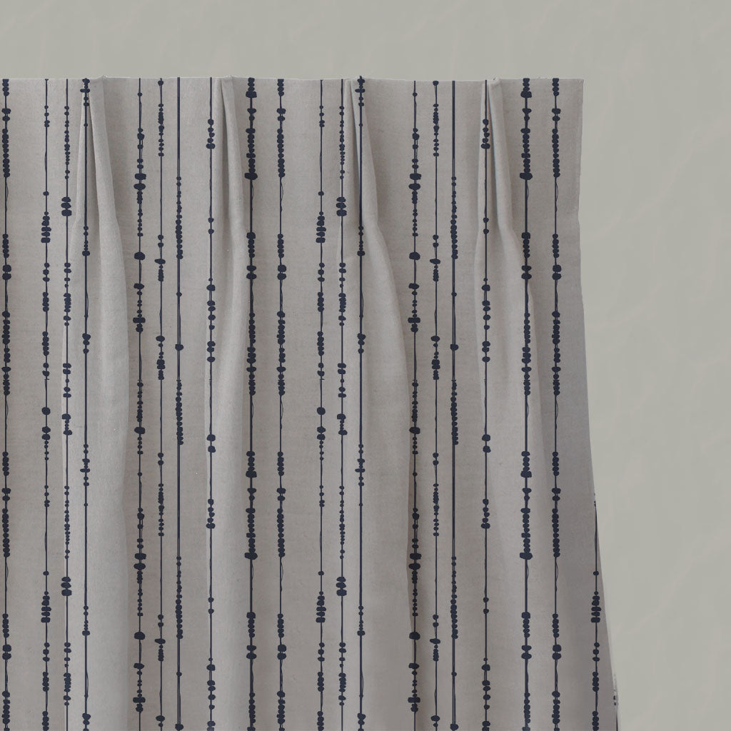 Blue Patterned Linen Pleated Curtains - Pearls Deep Blue - Natural base fabric.