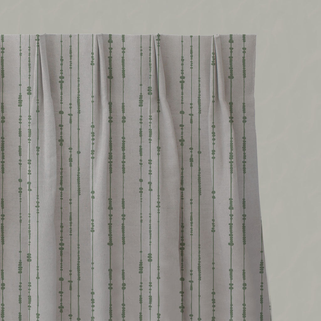 Green Patterned Linen Pleated Curtains - Pearls Jade Mist - Natural base fabric.