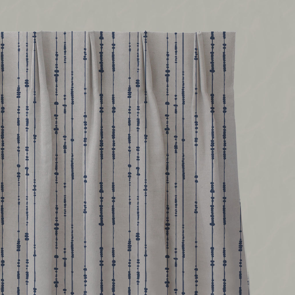 Blue Patterned Linen Pleated Curtains - Pearls Night Blue - Natural base fabric.