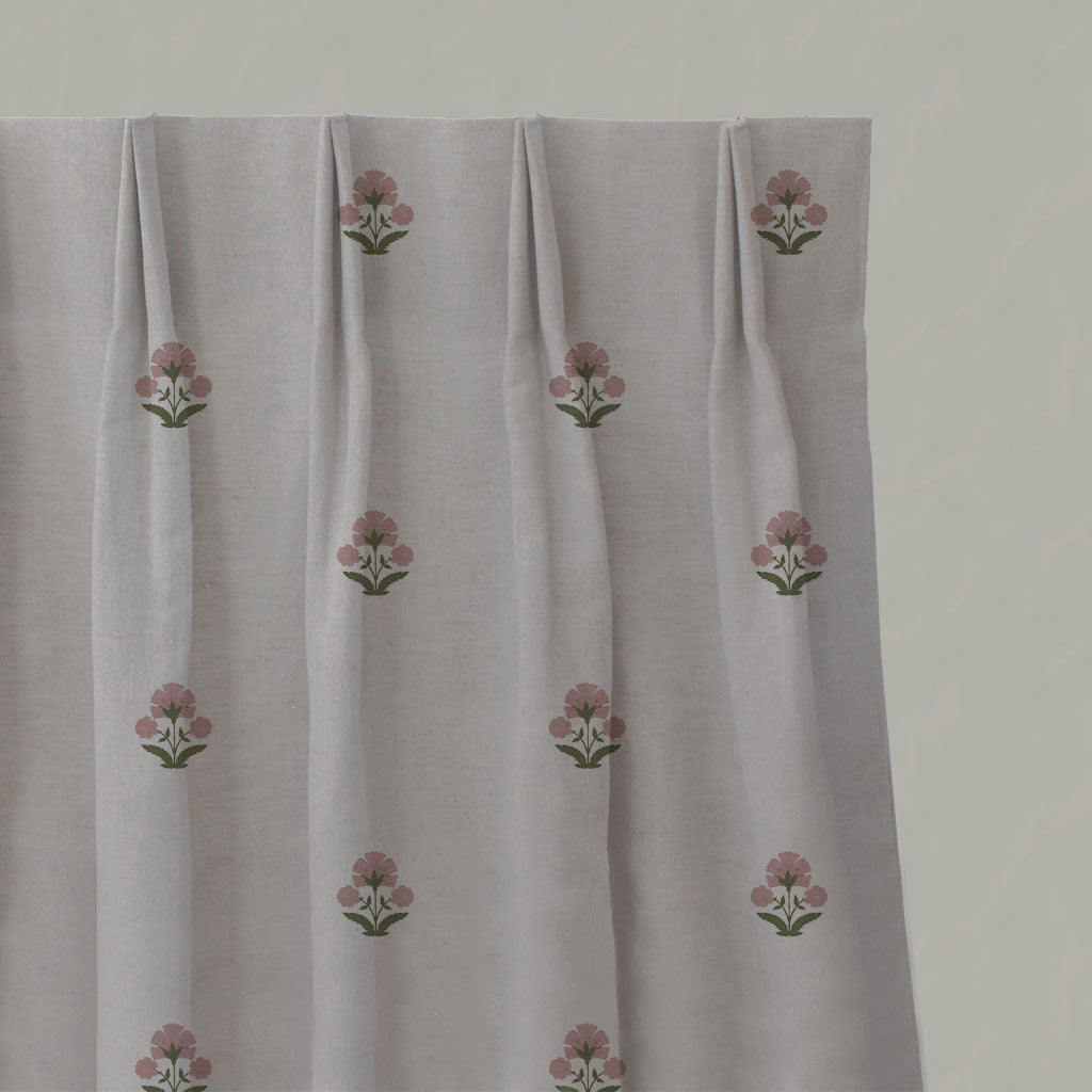 Pink / Green Floral Linen Pleated Curtains - Penelope Pink Green - Natural base fabric.