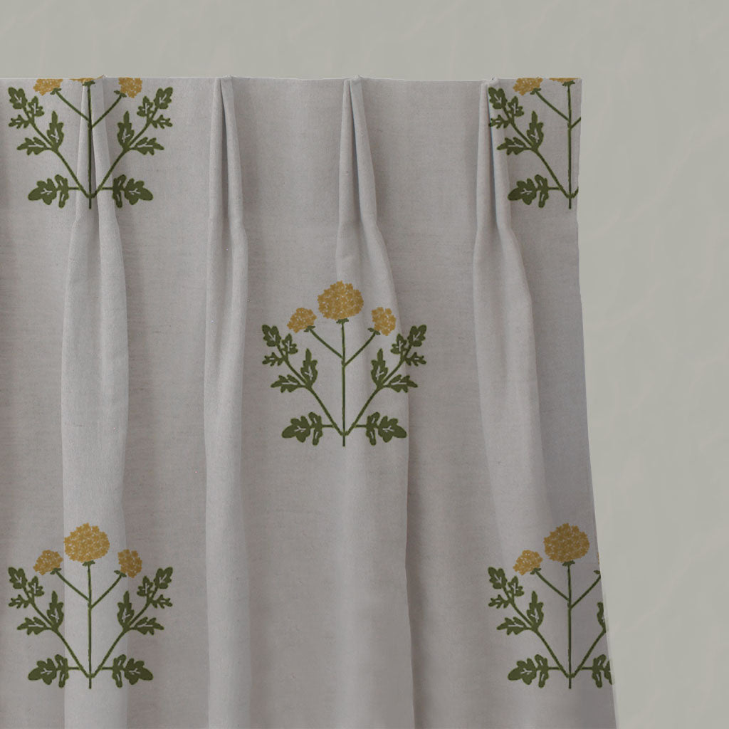 Yellow Botanical Linen Pleated Curtains - Pernille Honey - Natural base fabric.