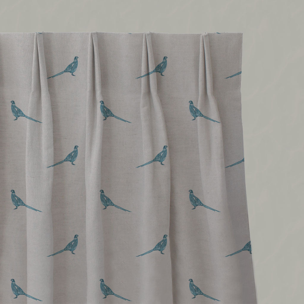Blue Kids Linen Pleated Curtains - Pheasant Blue Stone - Natural base fabric.