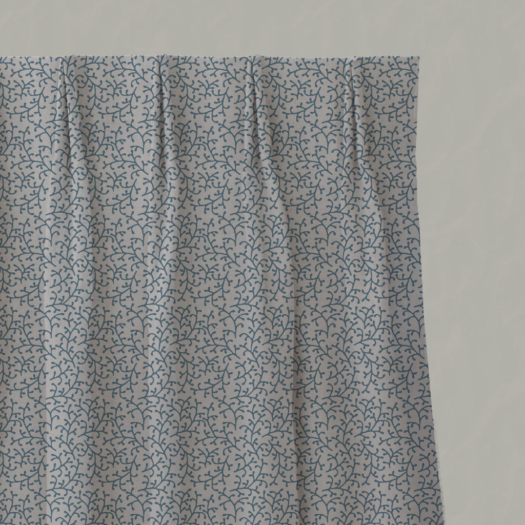 Blue Botanical Linen Pleated Curtains - Phila True Blue - Natural base fabric.