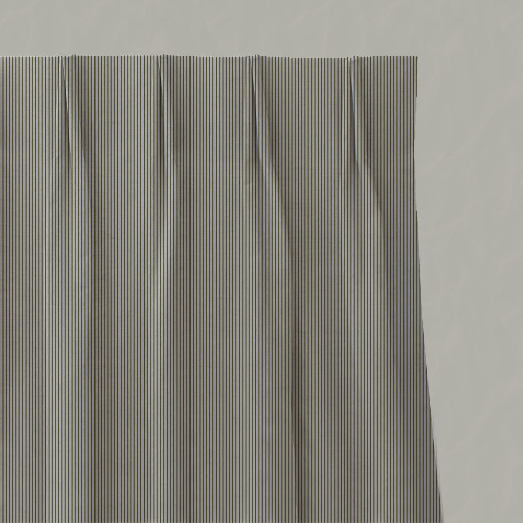 Green Striped Linen Pleated Curtains - Pinni Khaki - Natural base fabric.