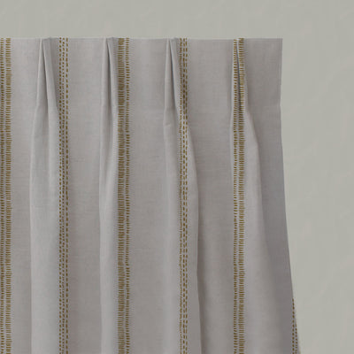 Yellow Striped Linen Pleated Curtains - Rae Gold Rod - Natural base fabric.