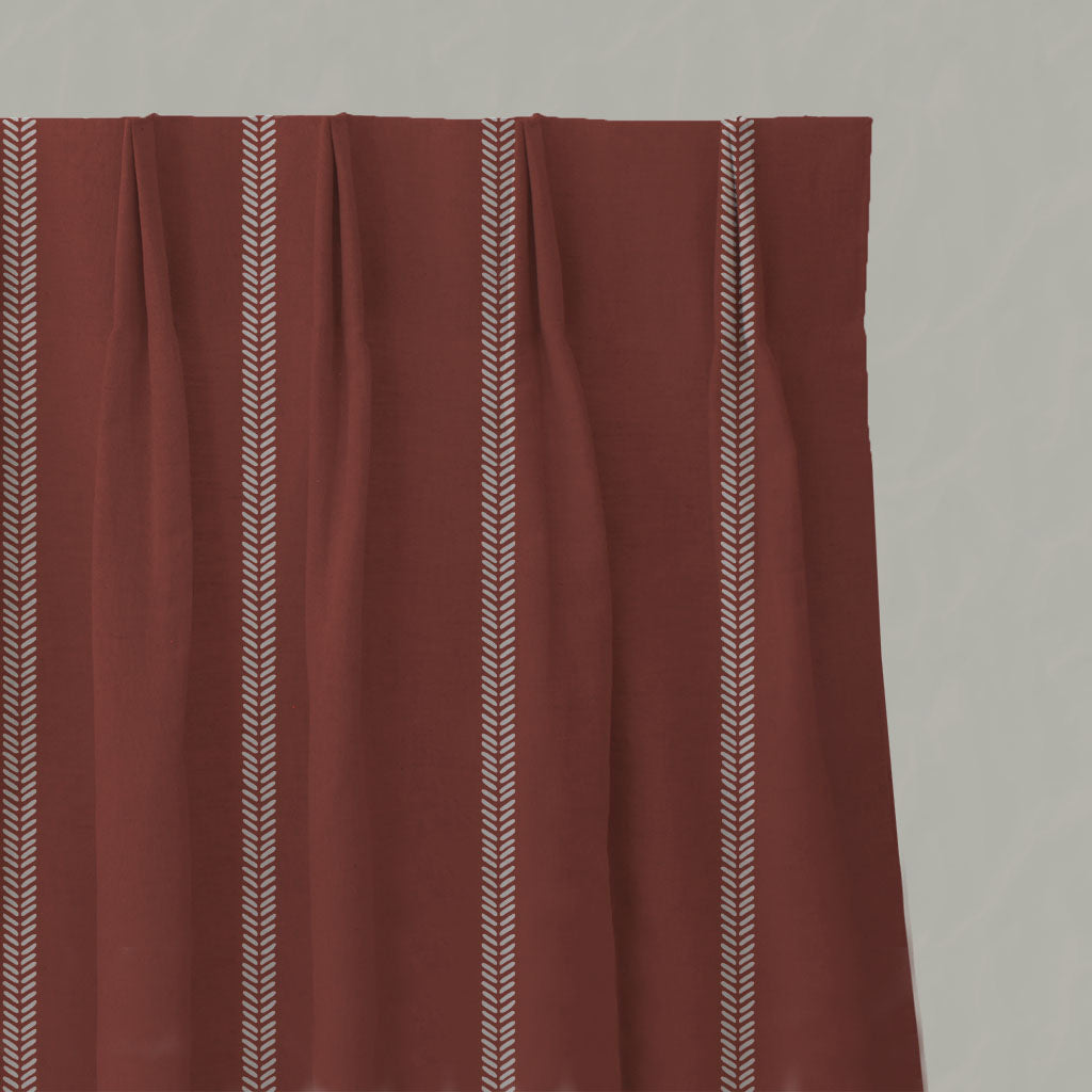 Red Striped Linen Pleated Curtains - Rana Crimson Red - Natural base fabric.