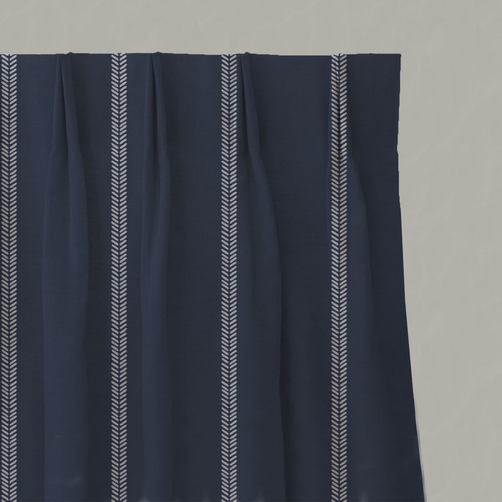 Blue Striped Linen Pleated Curtains - Rana Deep Blue - Natural base fabric.