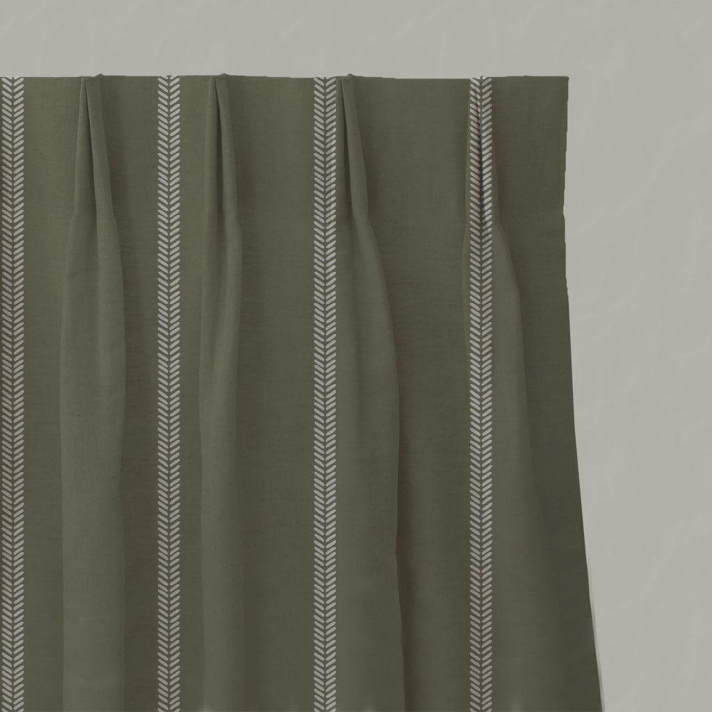 Green Striped Linen Pleated Curtains - Rana Moss - Natural base fabric.