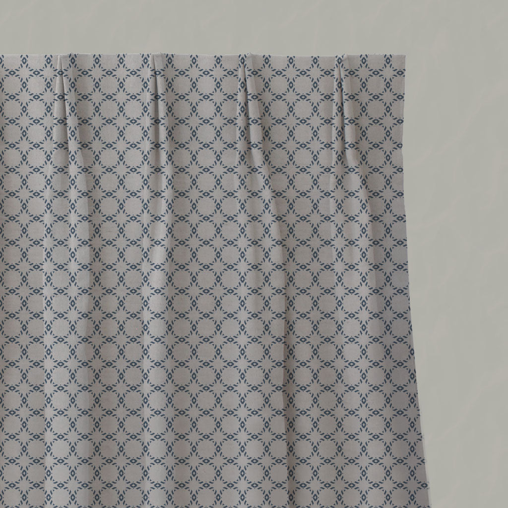 Blue Patterned Linen Pleated Curtains - Rosalina Denim - Natural base fabric.