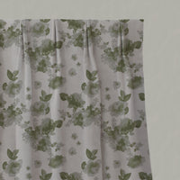Green Floral Linen Pleated Curtains - Rose Khaki - Natural base fabric.