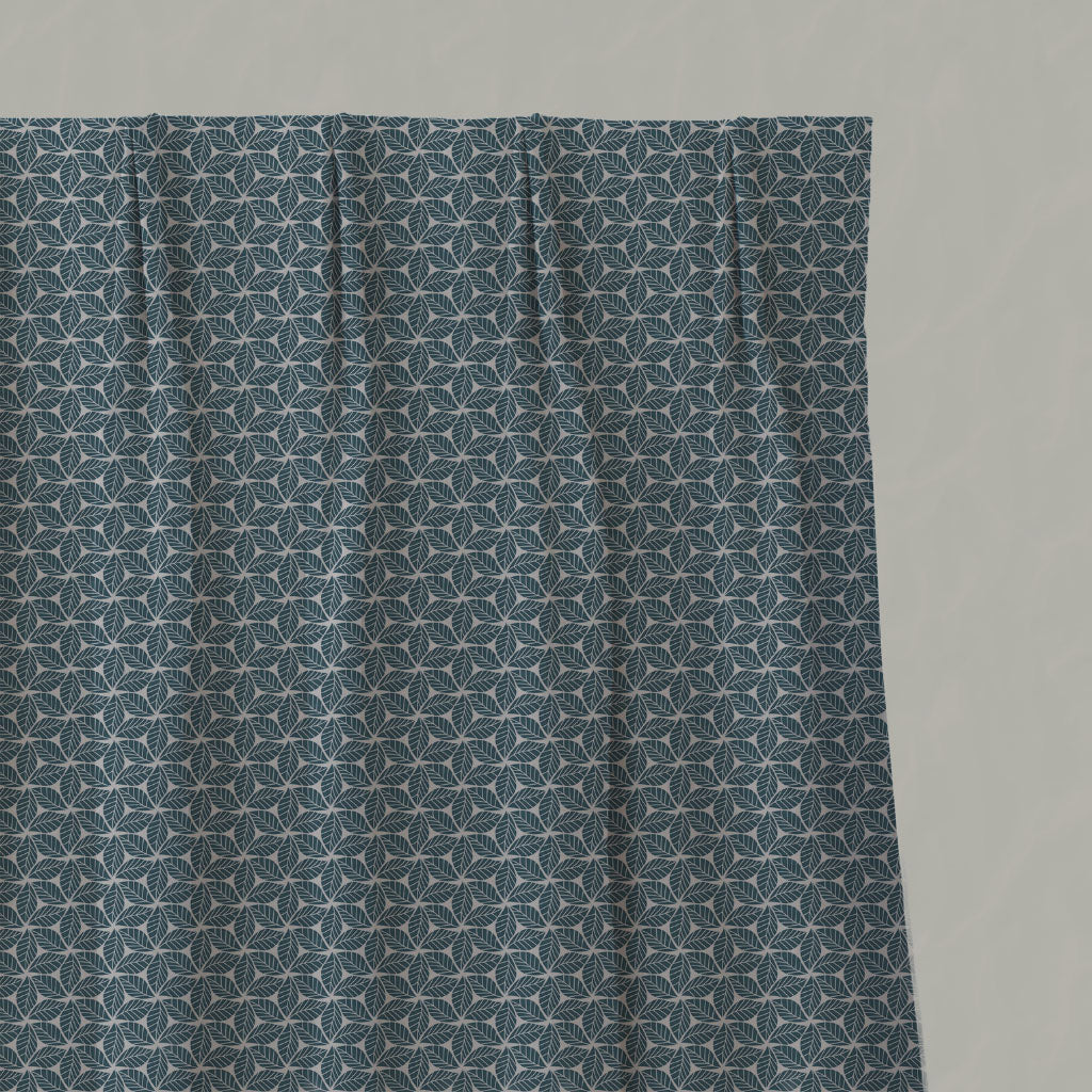 Blue Botanical Linen Pleated Curtains - Saana Blue Stone - Natural base fabric.