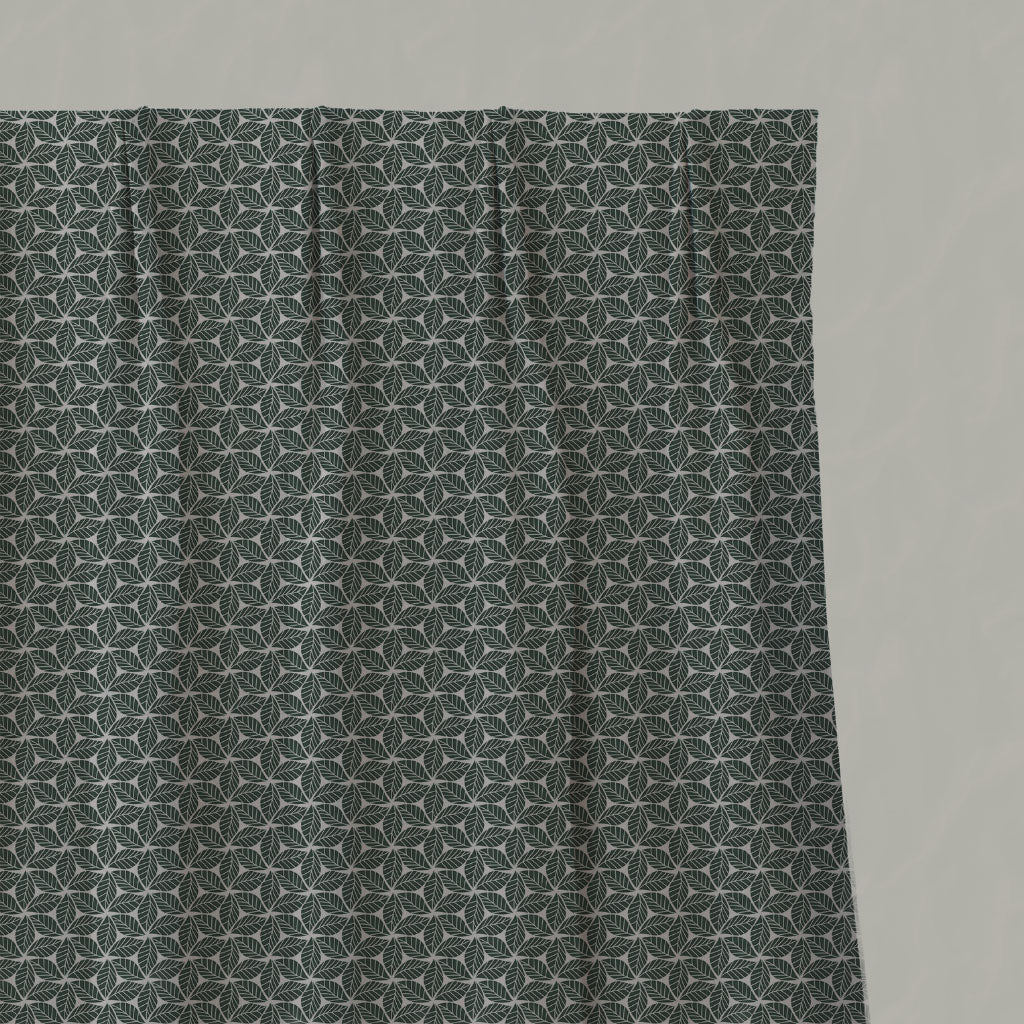 Green Botanical Linen Pleated Curtains - Saana Dark Pine - Natural base fabric.