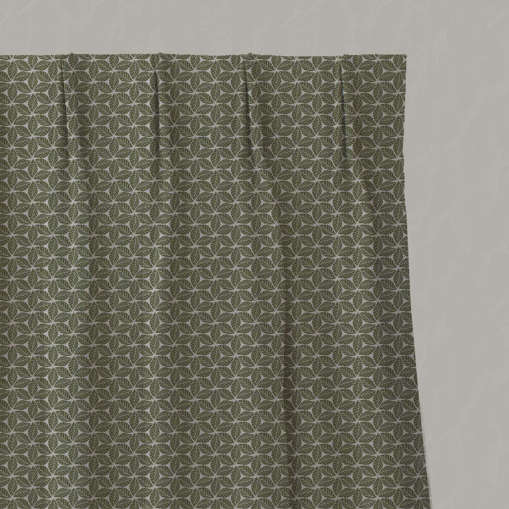 Green Botanical Linen Pleated Curtains - Saana Khaki - Natural base fabric.
