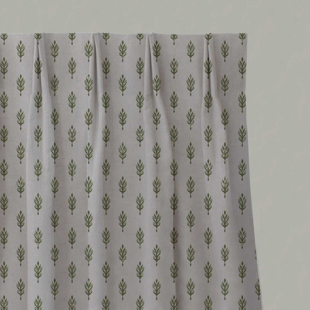 Green Botanical Linen Pleated Curtains - Sariann Khaki - Natural base fabric.