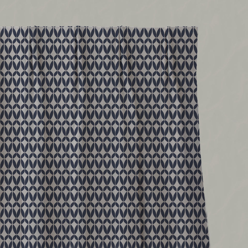 Blue Patterned Linen Pleated Curtains - Siruna Deep Blue - Natural base fabric.