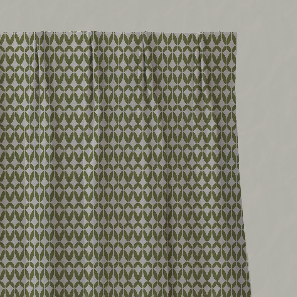 Green Patterned Linen Pleated Curtains - Siruna Leaf - Natural base fabric.