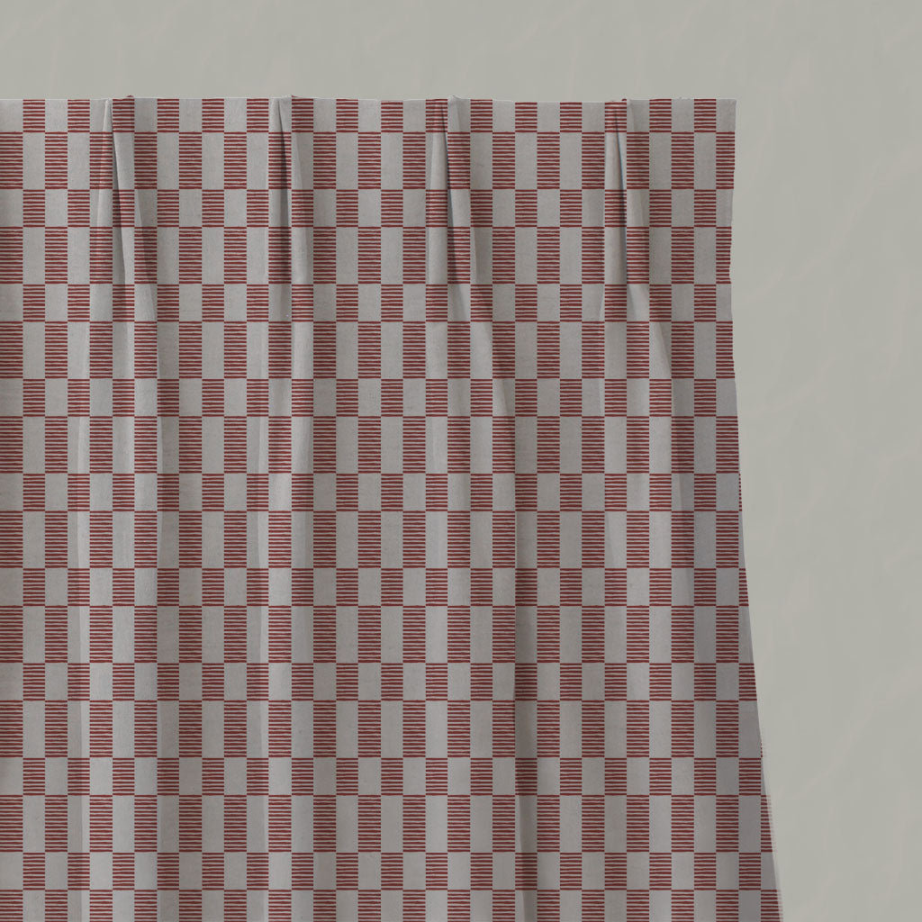 Red Checked Linen Pleated Curtains - Sunni Crimson Red - Natural base fabric.