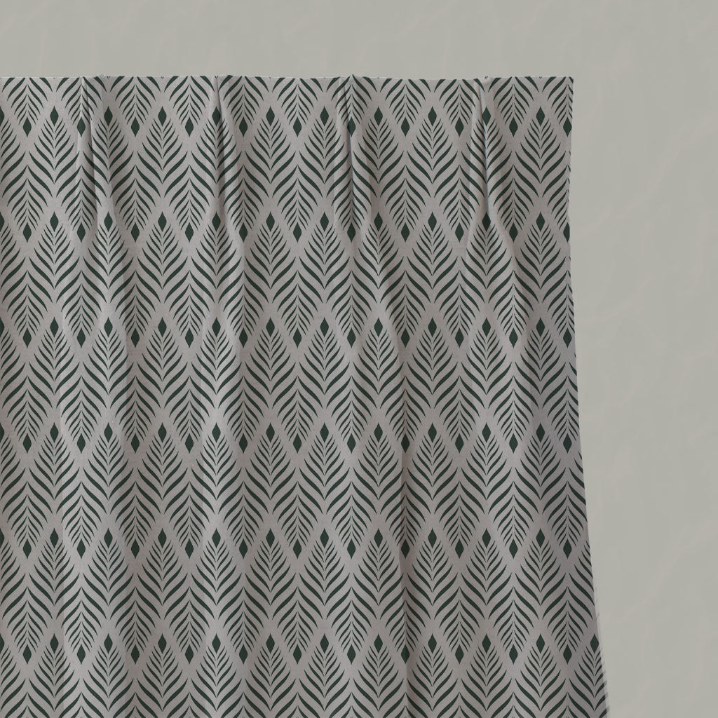 Green Patterned Linen Pleated Curtains - Sylvia Dark Pine - Natural base fabric.