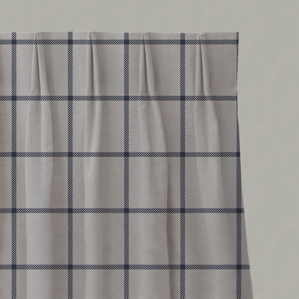 Blue Checked Linen Pleated Curtains - Tove Deep Blue - Natural base fabric.