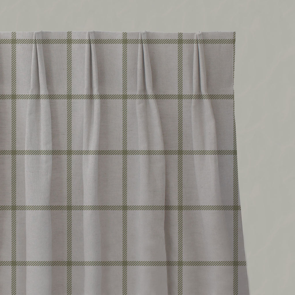 Green Checked Linen Pleated Curtains - Tove Olive - Natural base fabric.