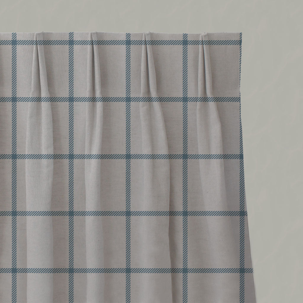 Blue Checked Linen Pleated Curtains - Tove True Blue - Natural base fabric.