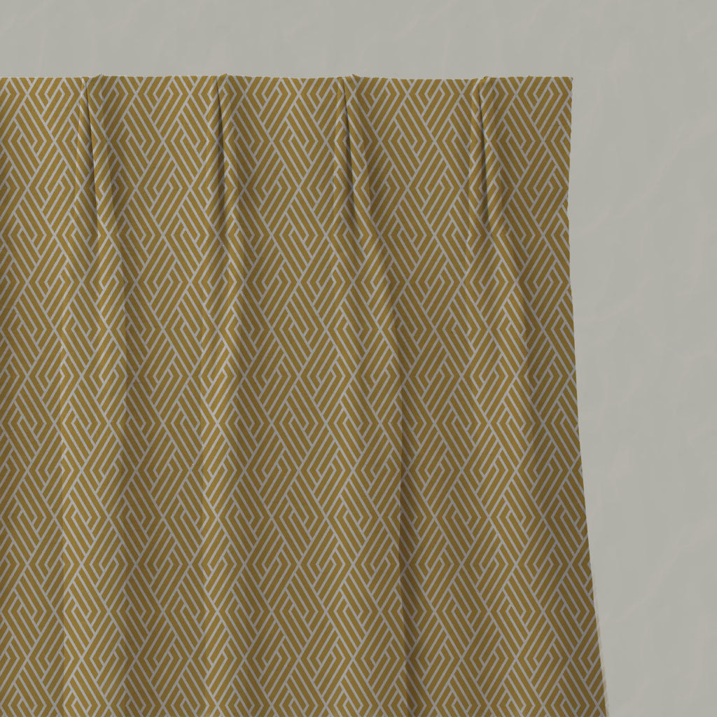 Yellow Patterned Linen Pleated Curtains - Vera Mustard - Natural base fabric.
