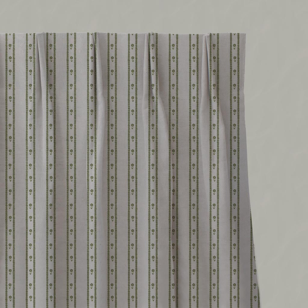 Green Floral Stripe Linen Pleated Curtain - Silvian Khaki - Natural base fabric.