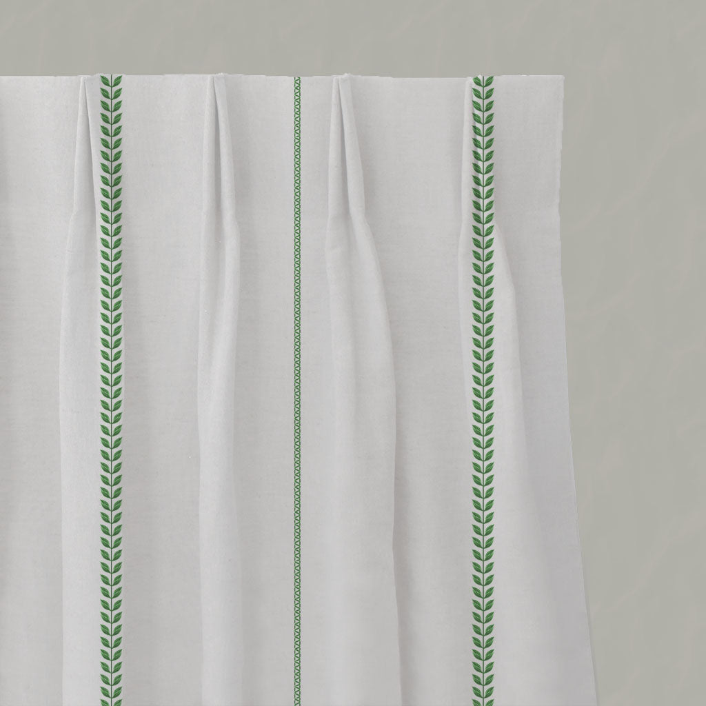 Green Striped Linen Pleated Curtains - Berit Parrot Green - White base fabric.